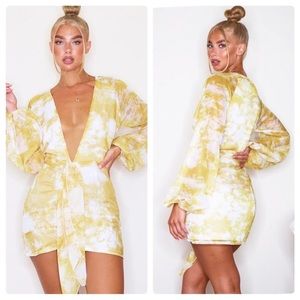 PLT Chartreuse Tie Dye Chiffon Long Sleeve Bodycon Dress